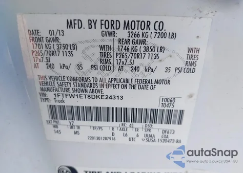 2013 Ford F-150 Xlt из США, поврежденный, VIN 1FTFW1ET8DKE24313